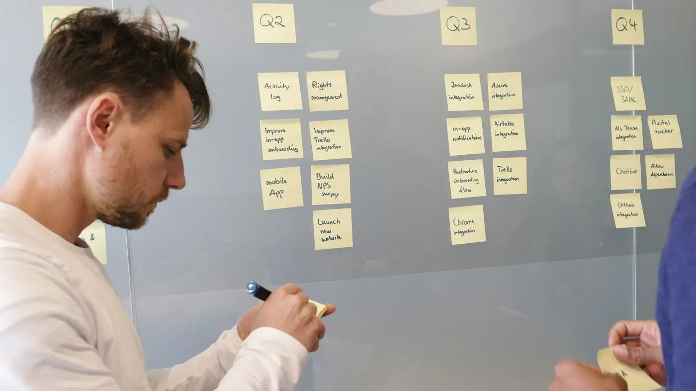 Someone adding notes to a whiteboard divided into quarters, Q1 through Q4