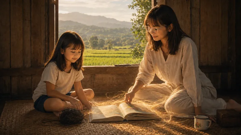 เด็กหญิงกับผู้หญิงวัยผู้ใหญ่นั่งอ่านหนังสือเล่มเดียวกันริมหน้าต่าง เส้นด้ายที่พันกันคลายออกเป็นแสงสีทอง