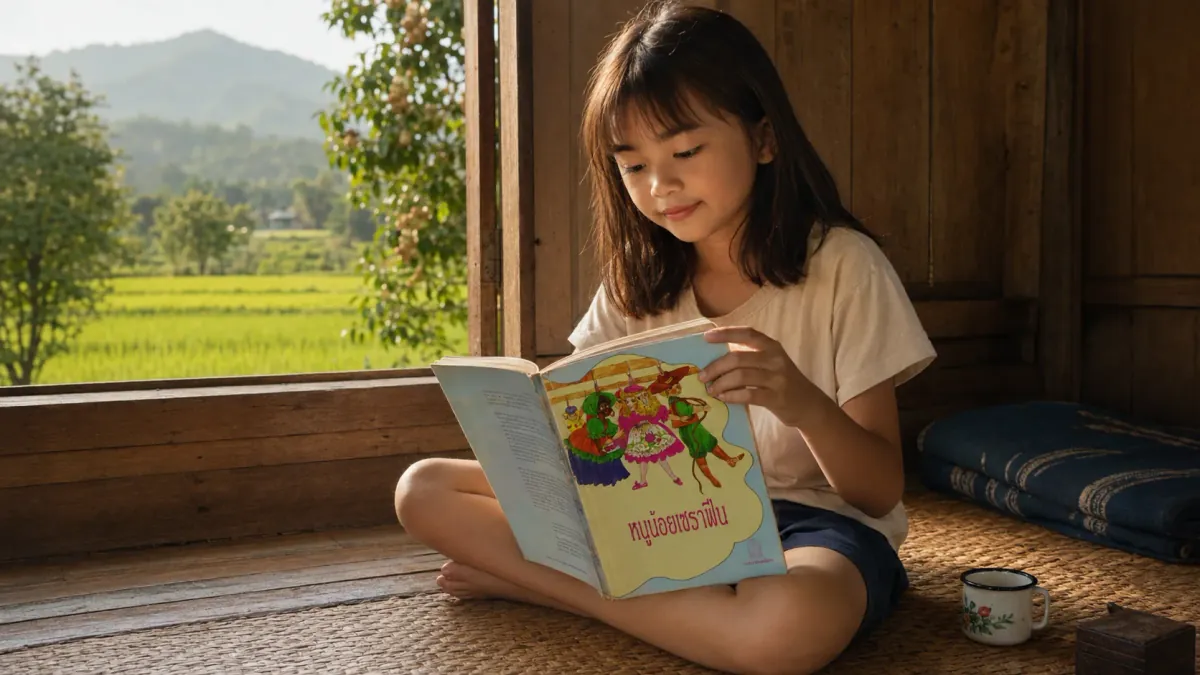 เด็กหญิงนั่งขัดสมาธิอ่านหนังสือ “หนูน้อยเซราฟีน” อยู่ริมหน้าต่างบ้านไม้ มองออกไปเห็นทุ่งนาเขียวและภูเขาไกล ๆ